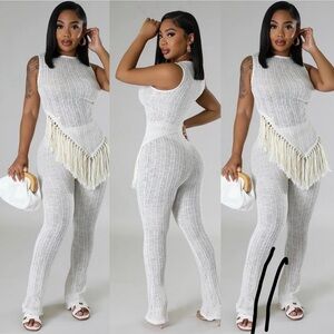 Cream Knit Two Piece Set – Fringe Top & Pants Lounge Outfit
